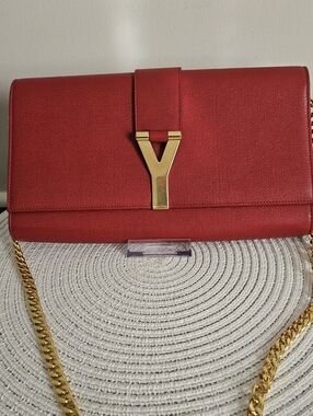 Saint Laurent Y Clutch in Red Pebbled Calfskin Leather with Gold Hardware
